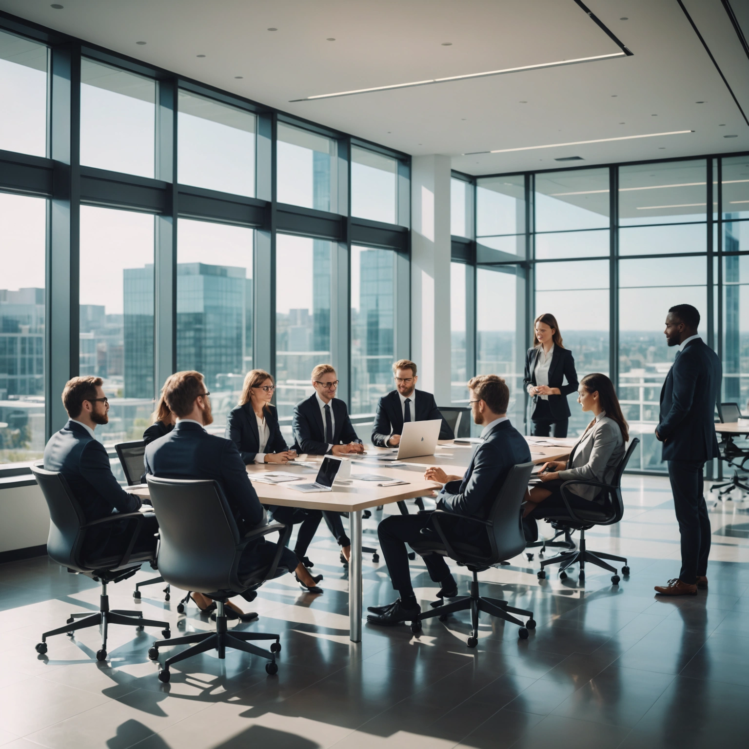 Diverse team of professionals collaborating in a modern, bright office