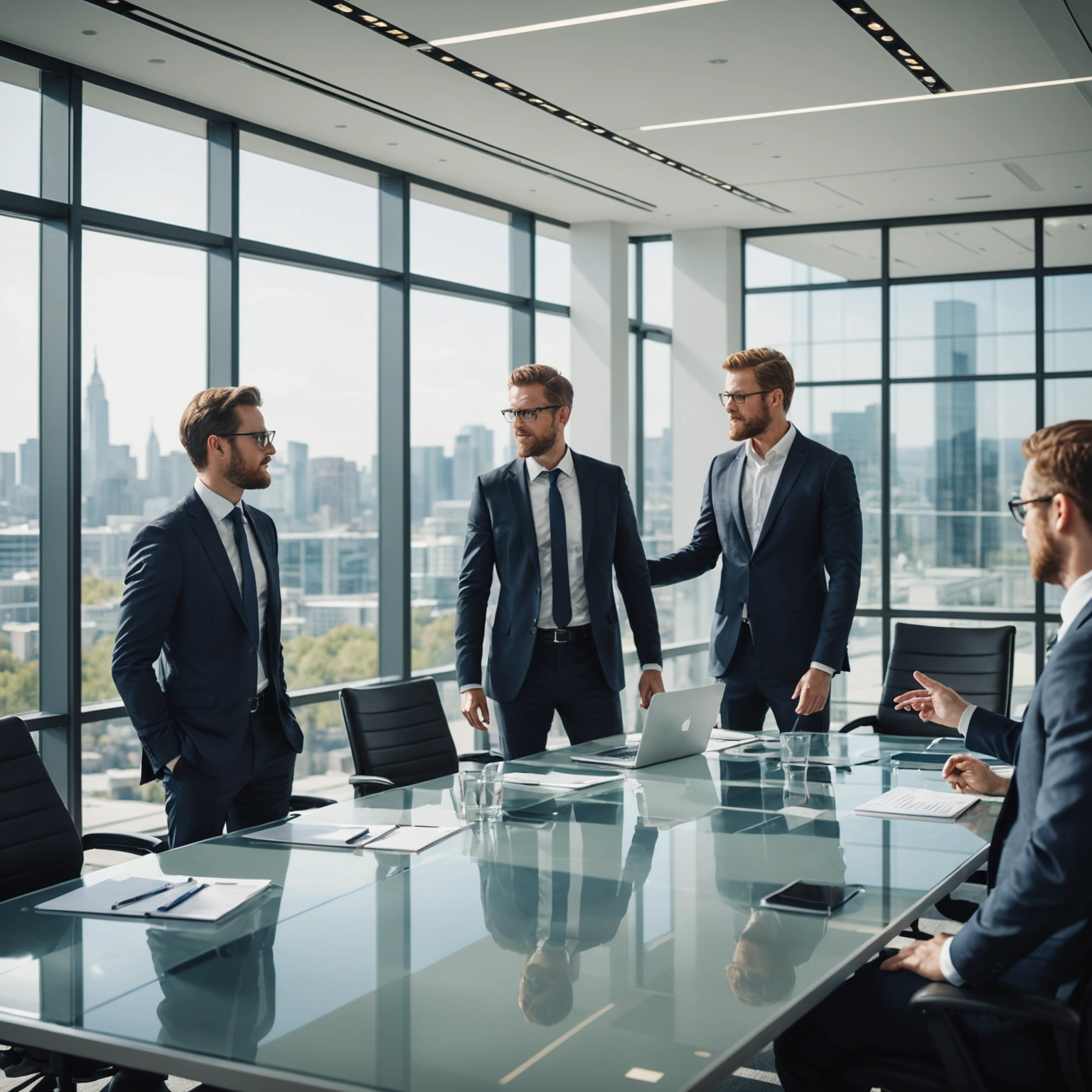 Diverse business team collaborating in a modern, bright office